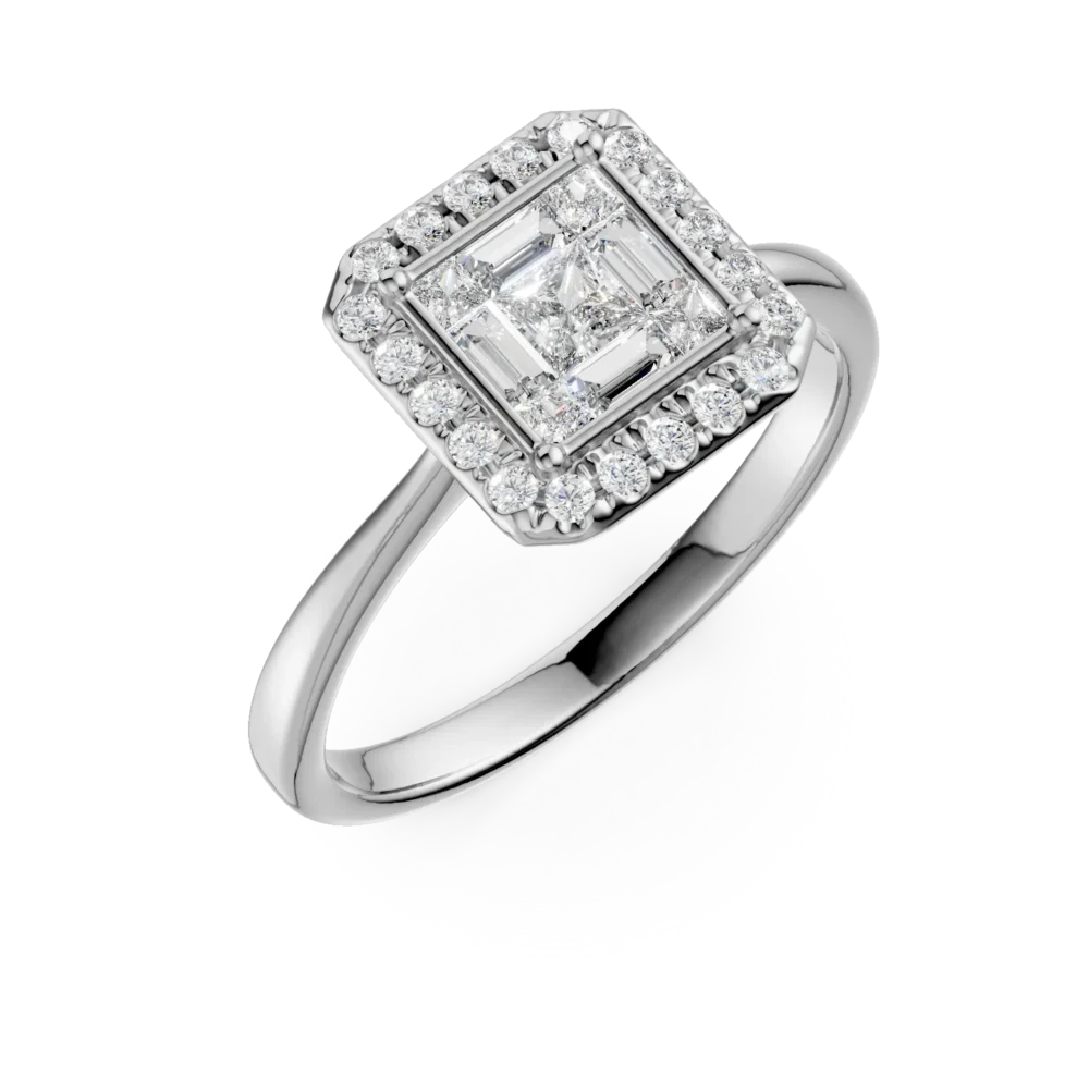 Inel de logodna din aur alb cu diamante princess, baguette si rotunde de 0.4ct