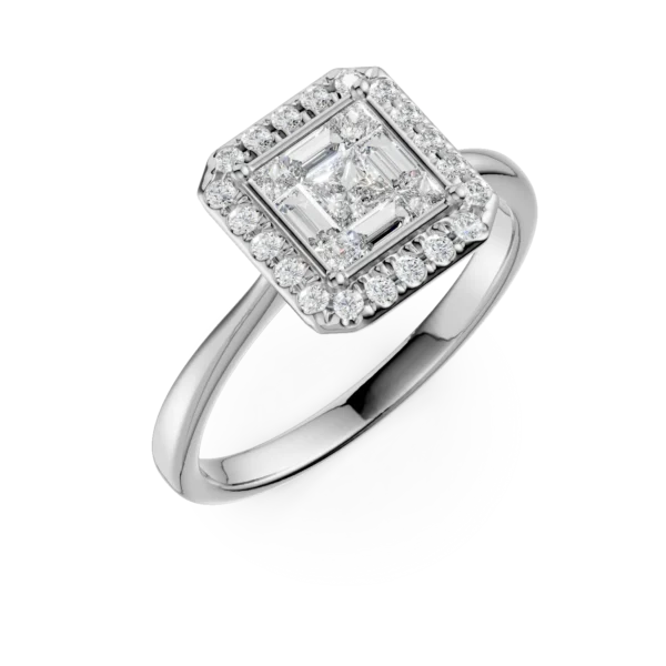 Inel de logodna din aur alb cu diamante princess, baguette si rotunde de 0.4ct
