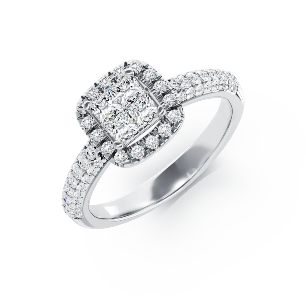 Inel de logodna din aur alb cu diamante princess si rotunde de 0.5ct