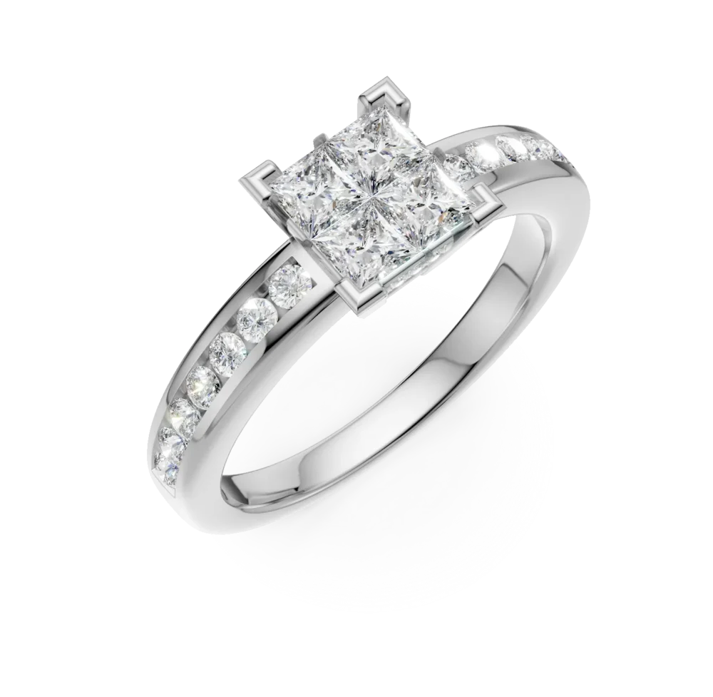 Inel de logodna din aur alb cu diamante princess si rotunde de 0.7ct