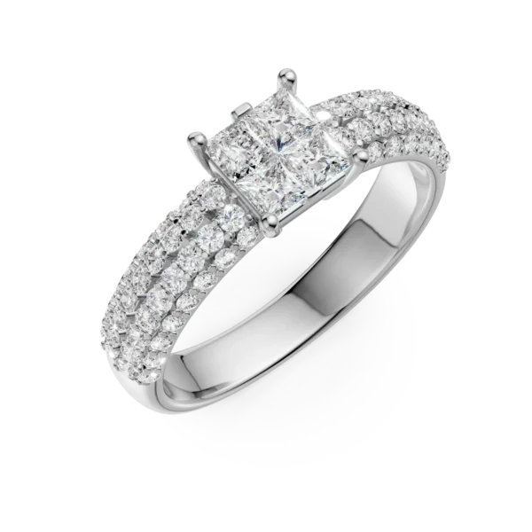 Inel de logodna din aur alb cu diamante princess si rotunde de 0.9ct