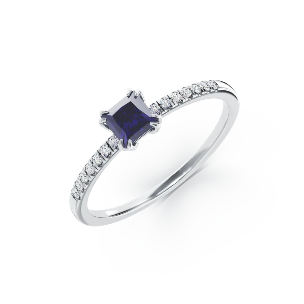 Inel de logodna din aur alb cu tanzanit princess de 0.38ct si diamante de 0.05ct