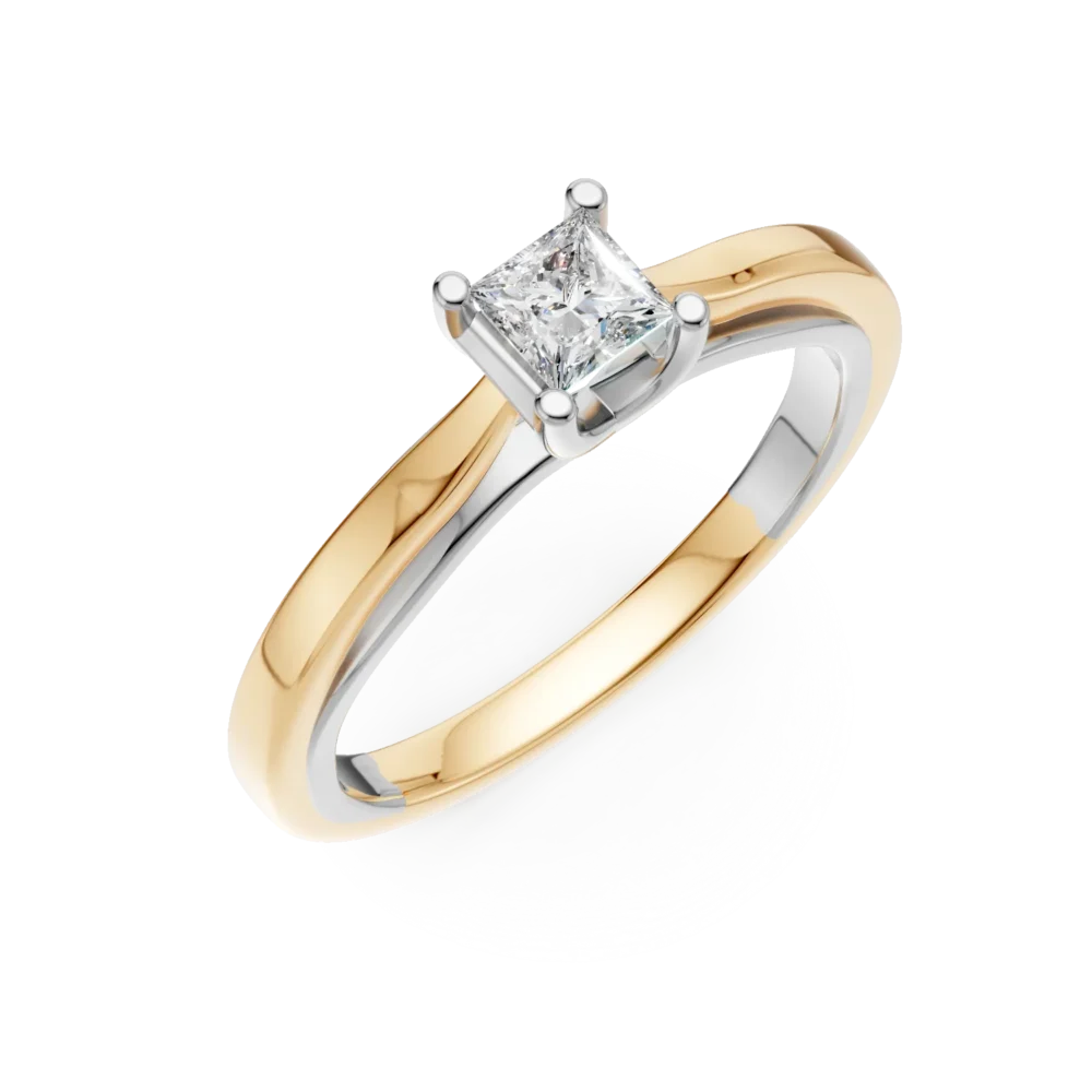 Inel de logodna din aur alb-galben cu un diamant princess solitaire de 0.2ct