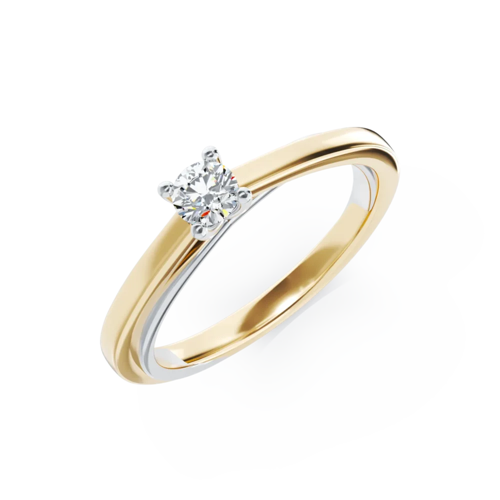 Inel de logodna din aur alb-galben cu diamant solitaire de 0.19ct