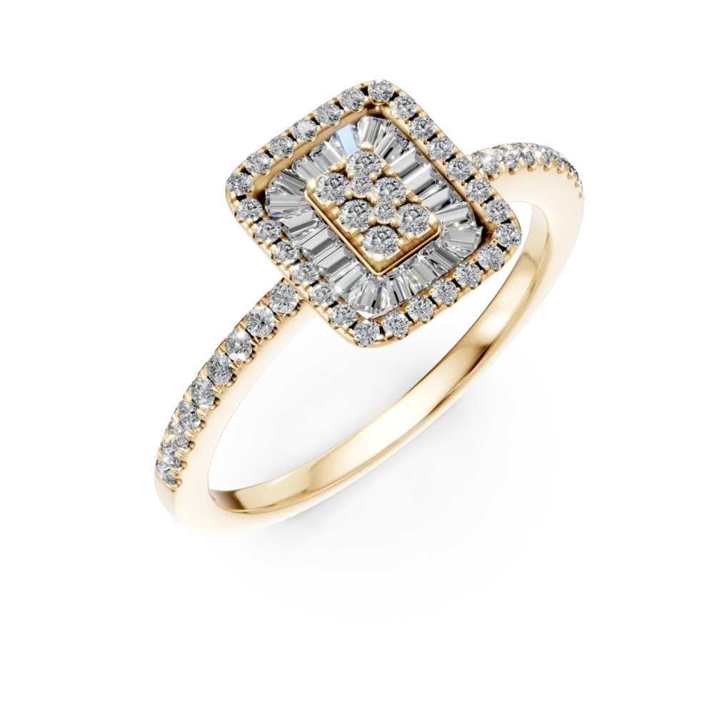 Inel de logodna din aur galben cu diamante baguette si rotunde de 0.2ct