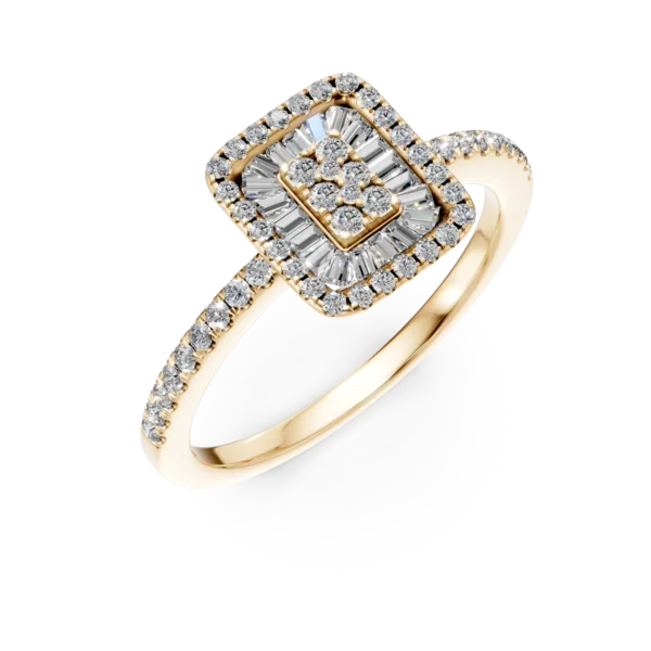 Inel de logodna din aur galben cu diamante baguette si rotunde de 0.2ct