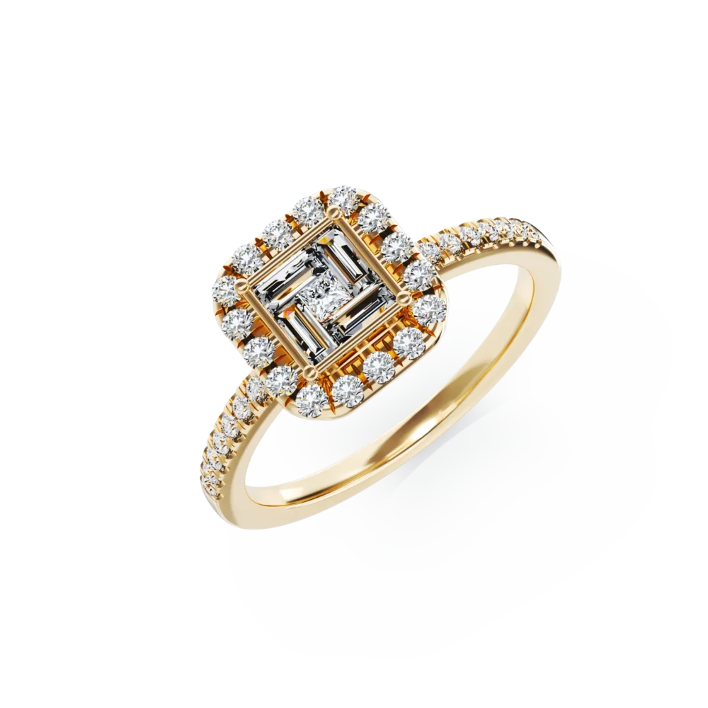 Inel de logodna din aur galben cu diamante baguette, princess si rotunde de 0.4ct