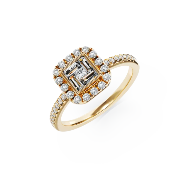 Inel de logodna din aur galben cu diamante baguette, princess si rotunde de 0.4ct