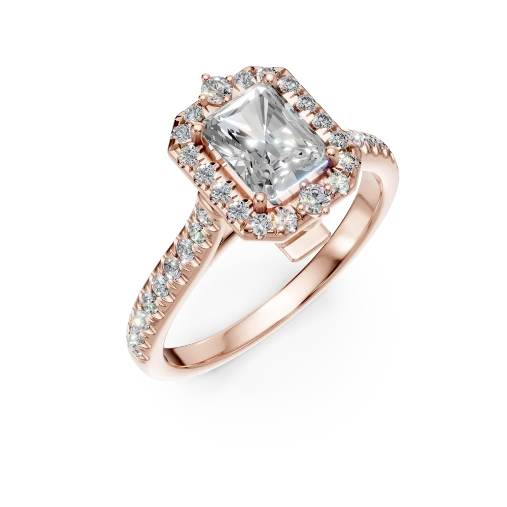 Inel de logodna din aur roz cu diamante radiant si rotunde de 0.9ct