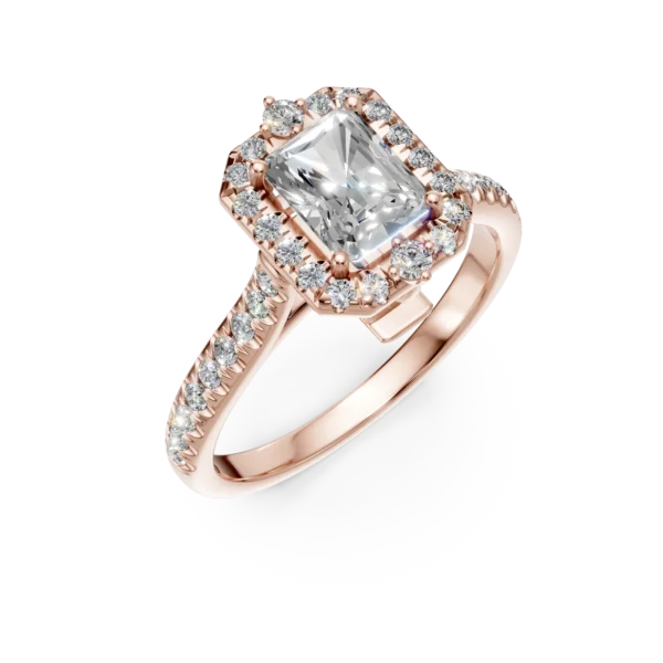 Inel de logodna din aur roz cu diamante radiant si rotunde de 0.9ct