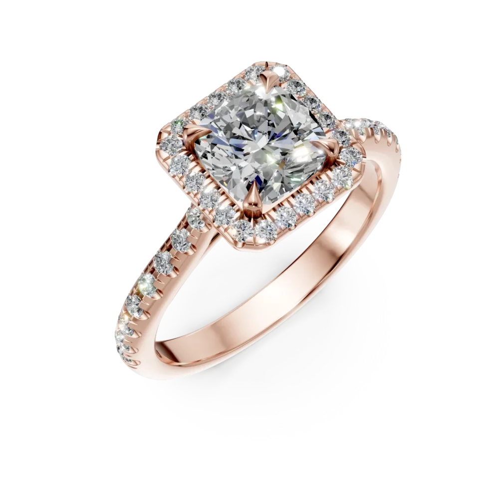 Inel de logodna din aur roz cu diamante cushion si rotunde de 1.9ct