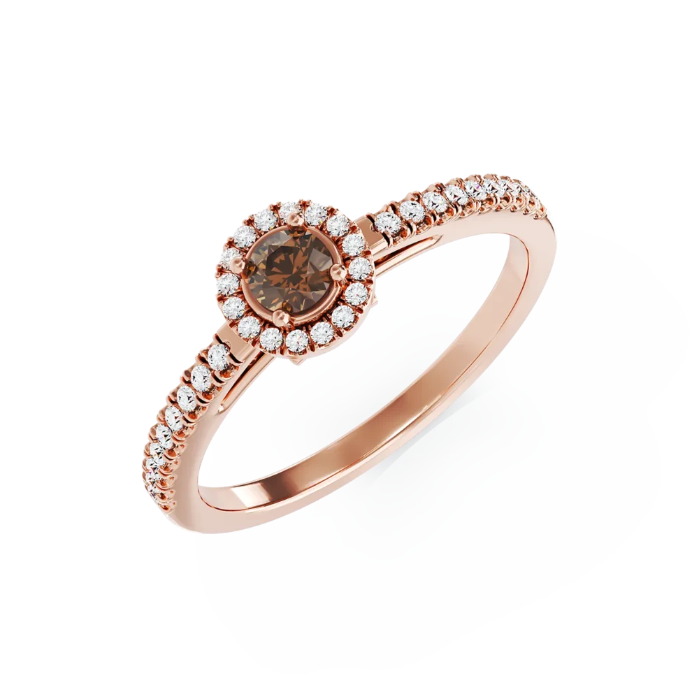 Inel de logodna din aur roz cu diamant maro de 0.22ct si diamante transparente de 0.18ct