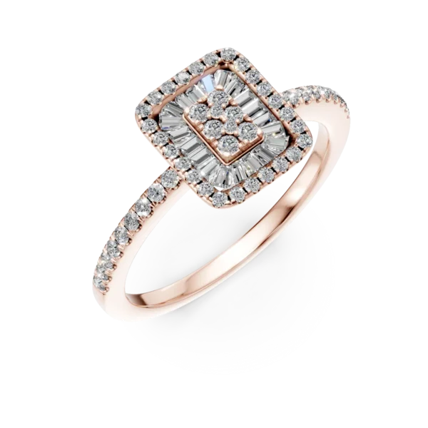 Inel de logodna din aur roz cu diamante baguette si rotunde de 0.2ct