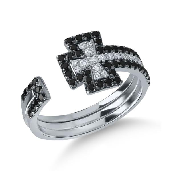 Inel deschis cu cruce din aur alb cu diamante negre de 0.3ct si diamante incolore de 0.1ct