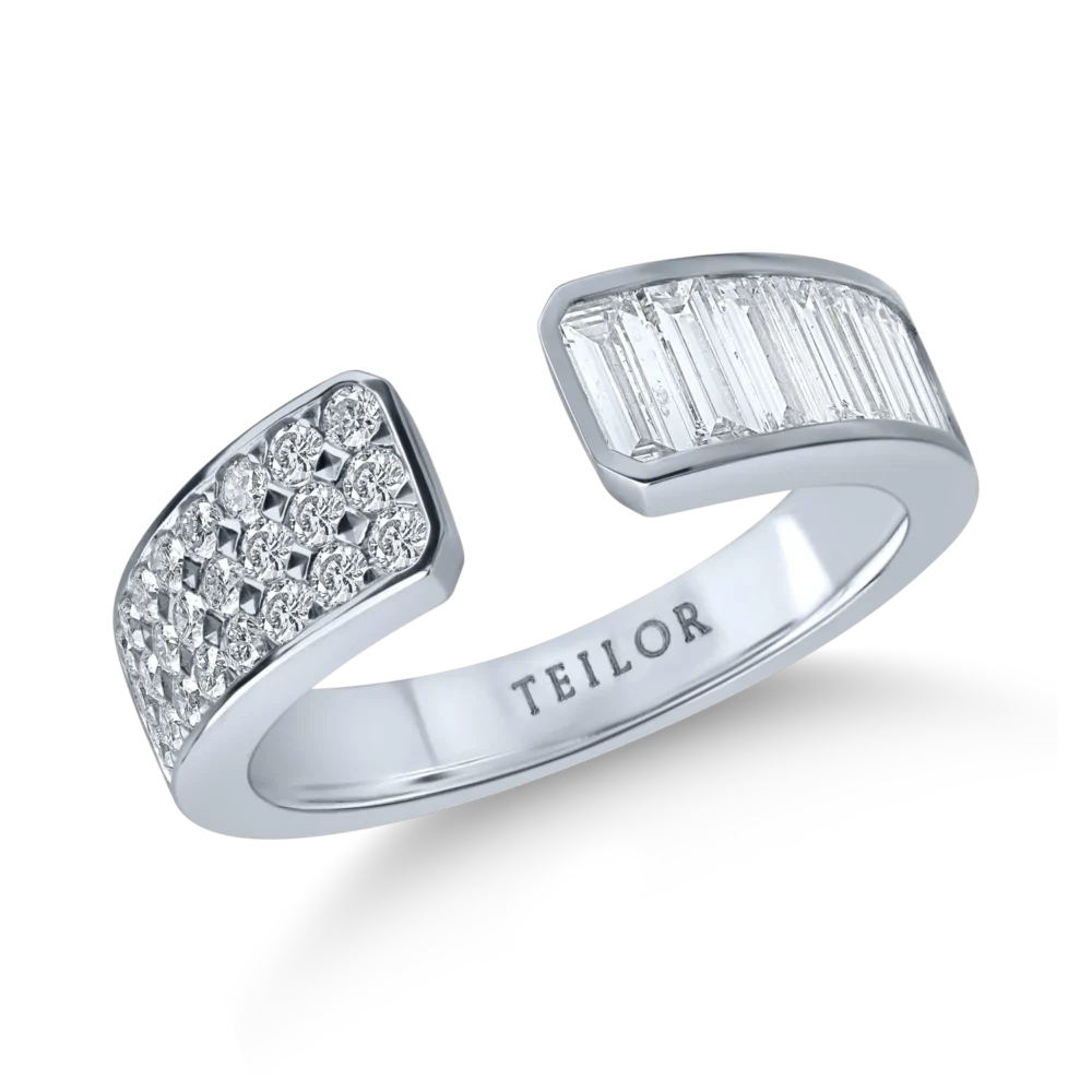 Inel deschis din aur alb cu diamante baguette si rotunde de 1.3ct
