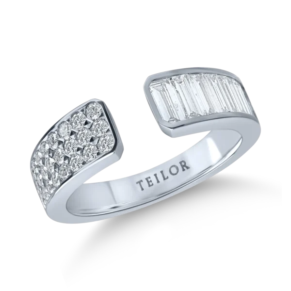 Inel deschis din aur alb cu diamante baguette si rotunde de 1.3ct