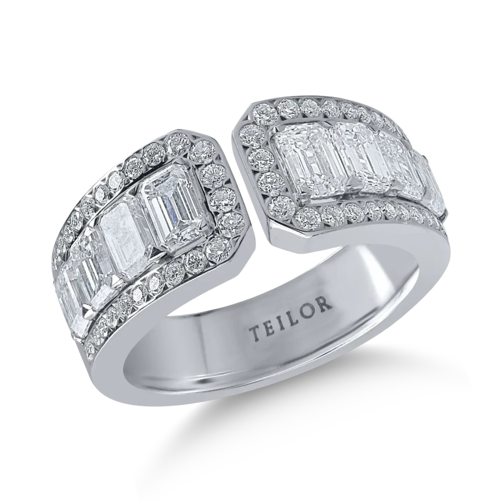 Inel deschis din aur alb cu diamante emerald si rotunde de 2.4ct