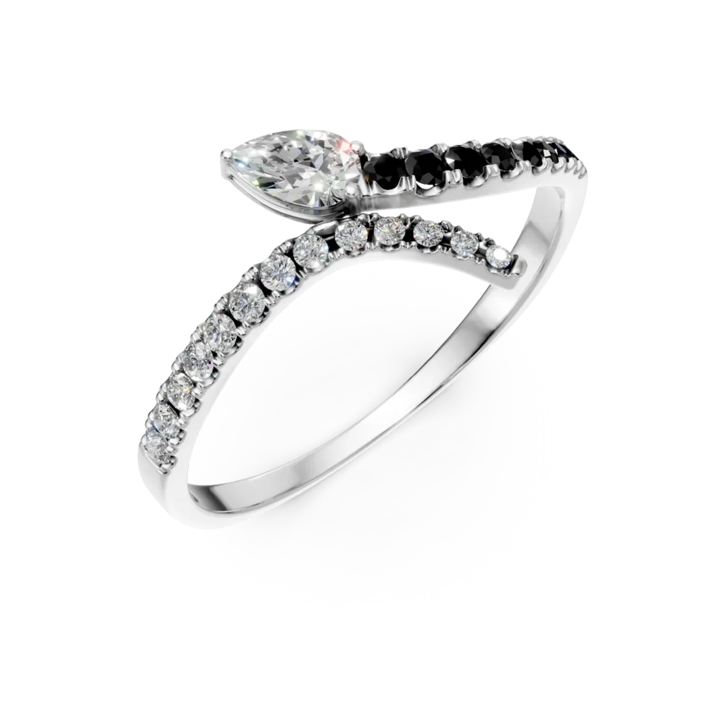 Inel deschis din aur alb cu diamante negre si diamante incolore pear si rotunde de 0.3ct