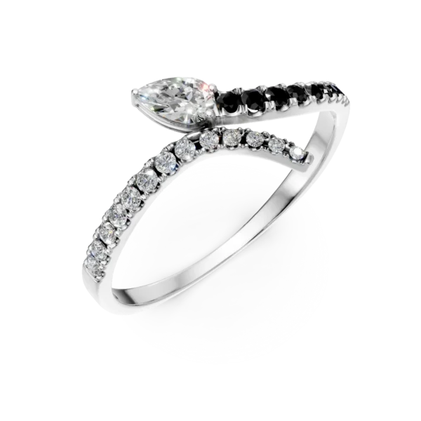 Inel deschis din aur alb cu diamante negre si diamante incolore pear si rotunde de 0.3ct