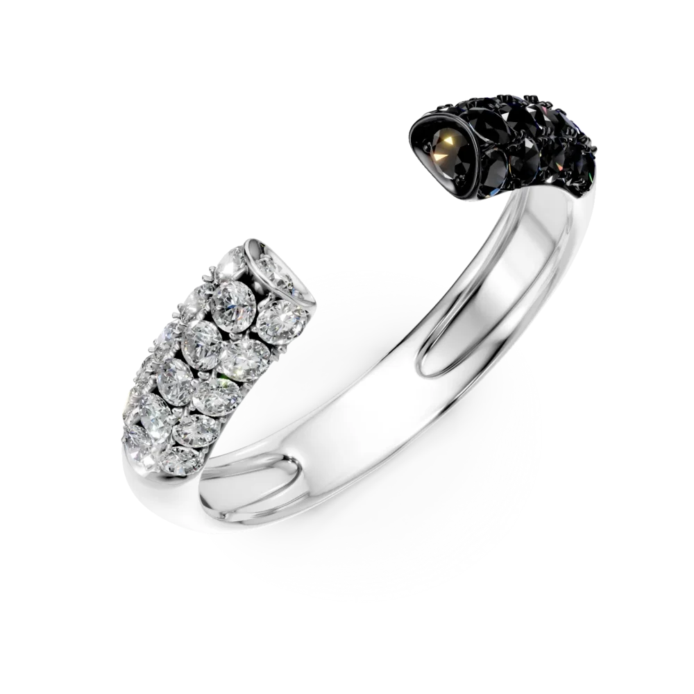 Inel deschis din aur alb cu diamante negre si incolore de 0.8ct