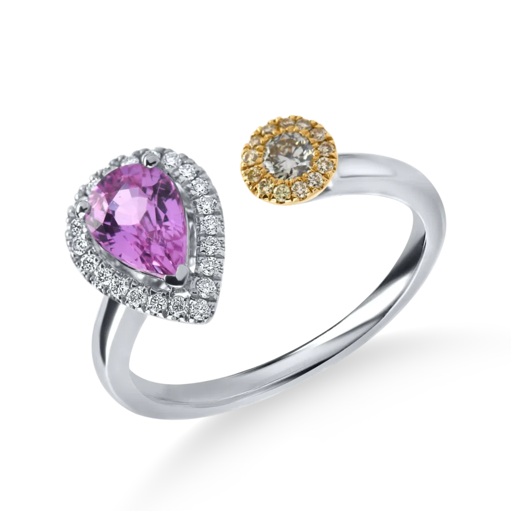 Inel deschis din aur alb cu diamante si safir roz pear de 1.1ct