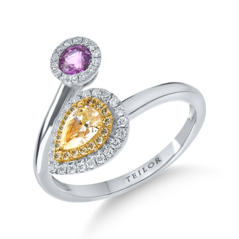 Inel deschis din aur alb cu diamant fancy galben pear de 0.4ct, safir roz de 0.3ct si diamante galbene si incolore de 0.1ct