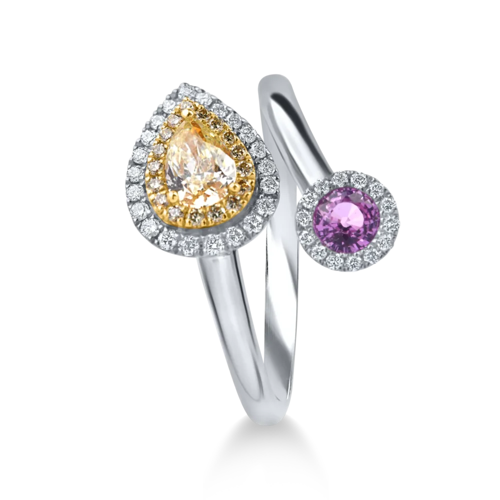 Inel deschis din aur alb cu diamant fancy galben pear de 0.4ct, safir roz de 0.3ct si diamante galbene si incolore de 0.1ct - imagine 2