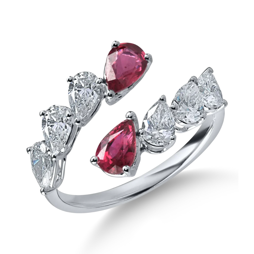Inel deschis din aur alb cu rubine pear de 0.95ct si diamante pear de 1.25ct