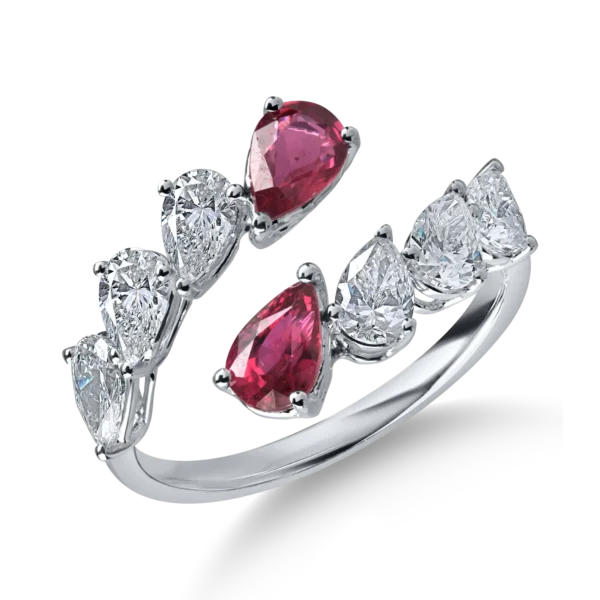 Inel deschis din aur alb cu rubine pear de 0.95ct si diamante pear de 1.25ct