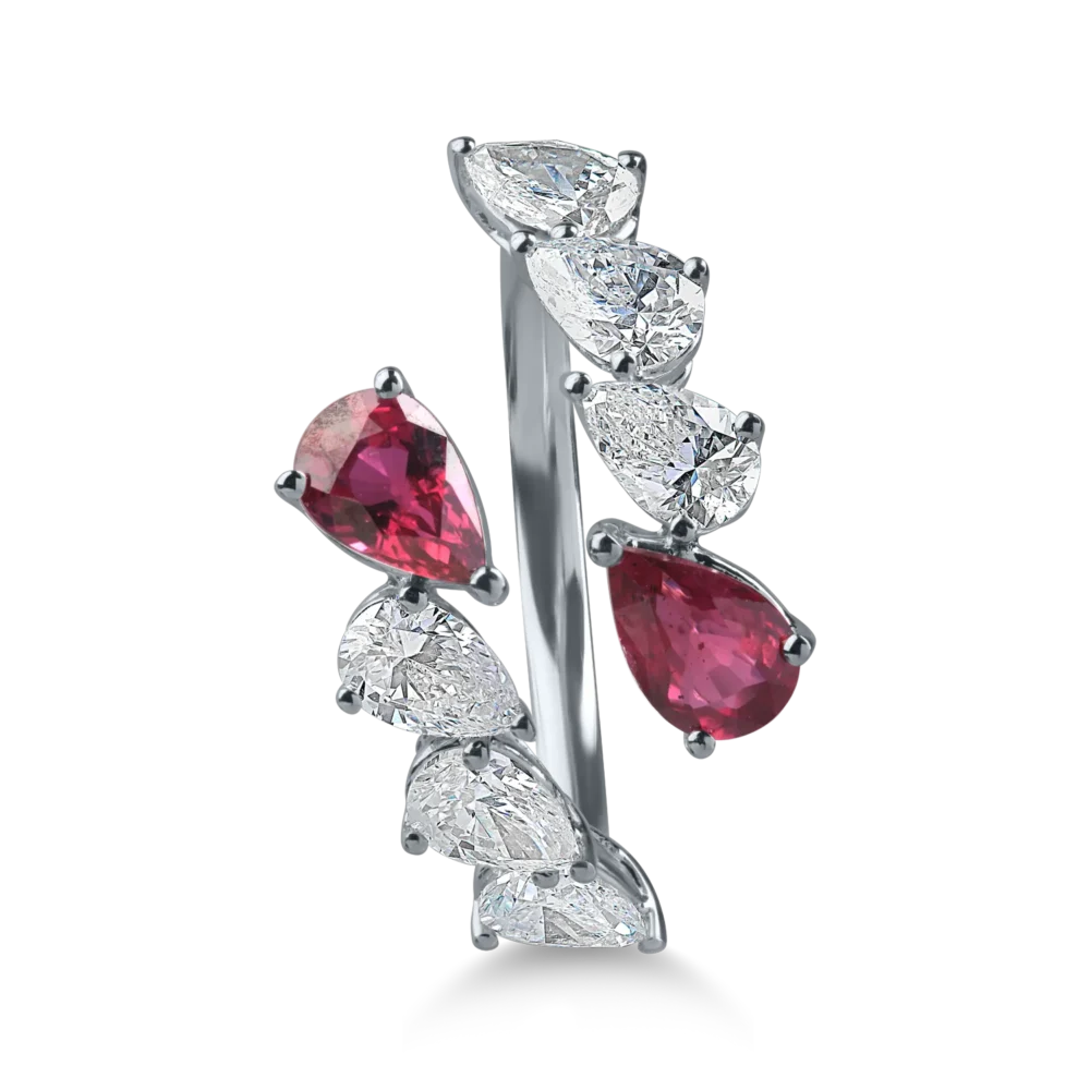 Inel deschis din aur alb cu rubine pear de 0.95ct si diamante pear de 1.25ct - imagine 2