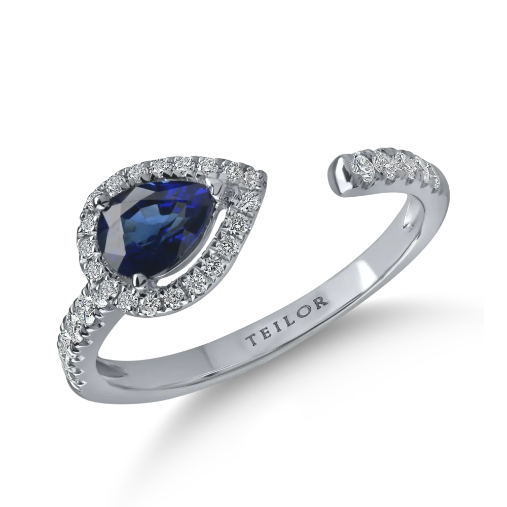 Inel deschis din aur alb cu safir pear de 0.6ct si diamante de 0.2ct