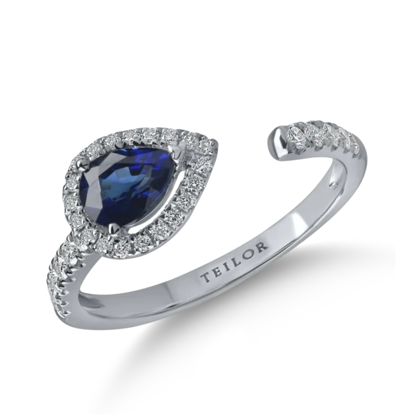 Inel deschis din aur alb cu safir pear de 0.6ct si diamante de 0.2ct