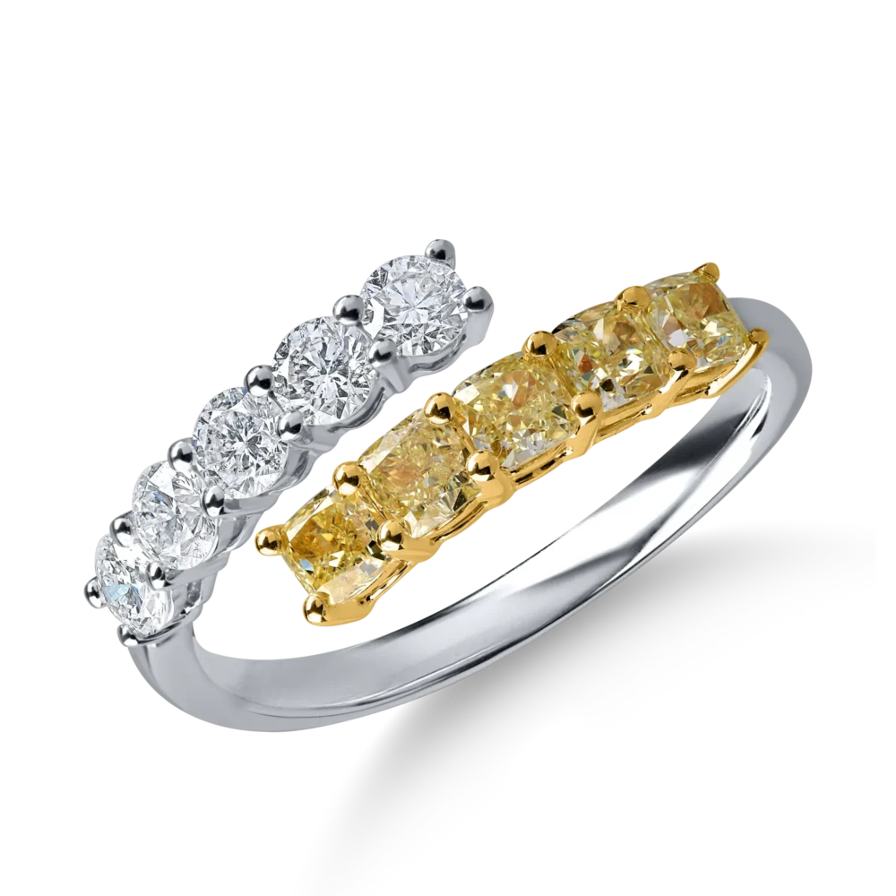 Inel deschis din aur alb-galben cu diamante galbene cushion si diamante incolore de 1.39ct