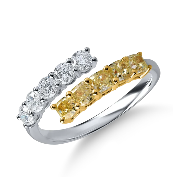 Inel deschis din aur alb-galben cu diamante galbene cushion si diamante incolore de 1.39ct