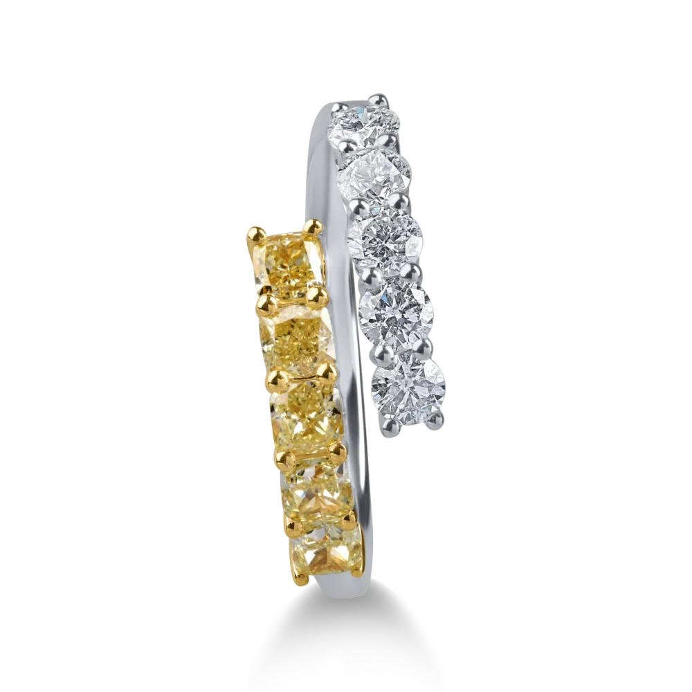 Inel deschis din aur alb-galben cu diamante galbene cushion si diamante incolore de 1.39ct - imagine 2