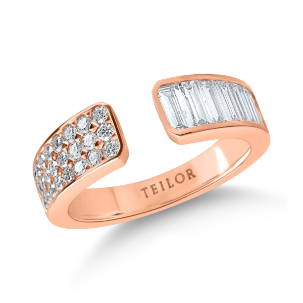 Inel deschis din aur roz cu diamante baguette si rotunde de 0.9ct