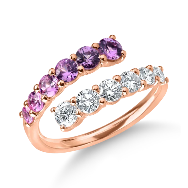 Inel deschis din aur roz cu safire roz de 0.8ct si diamante de 0.7ct