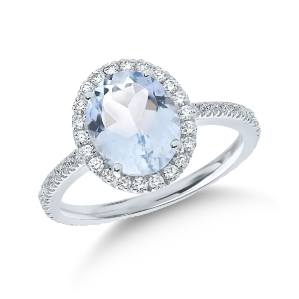Inel din aur alb cu acvamarin oval de 2.2ct si diamante de 0.5ct