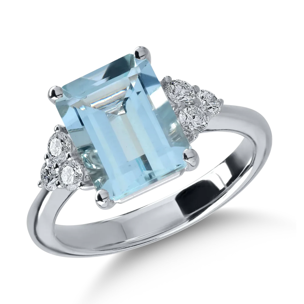 Inel din aur alb cu acvamarin octogonal de 3.2ct si diamante de 0.3ct