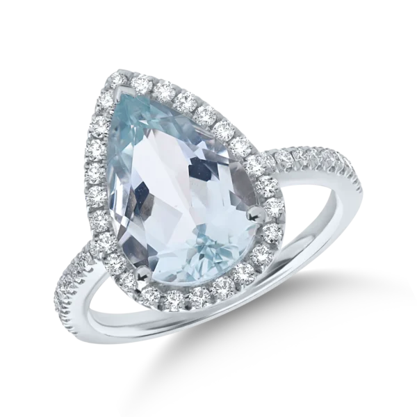 Inel din aur alb cu acvamarin pear de 3.4ct si diamante de 0.4ct