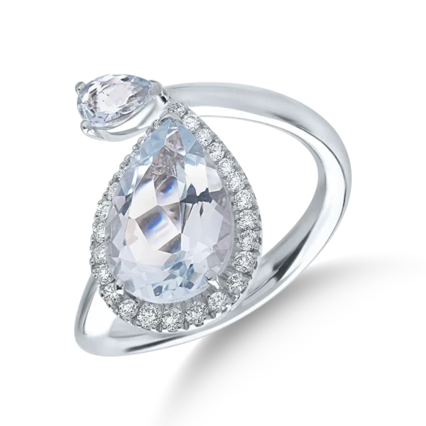 Inel din aur alb cu acvamarine pear de 2.89 si diamante de 0.24ct