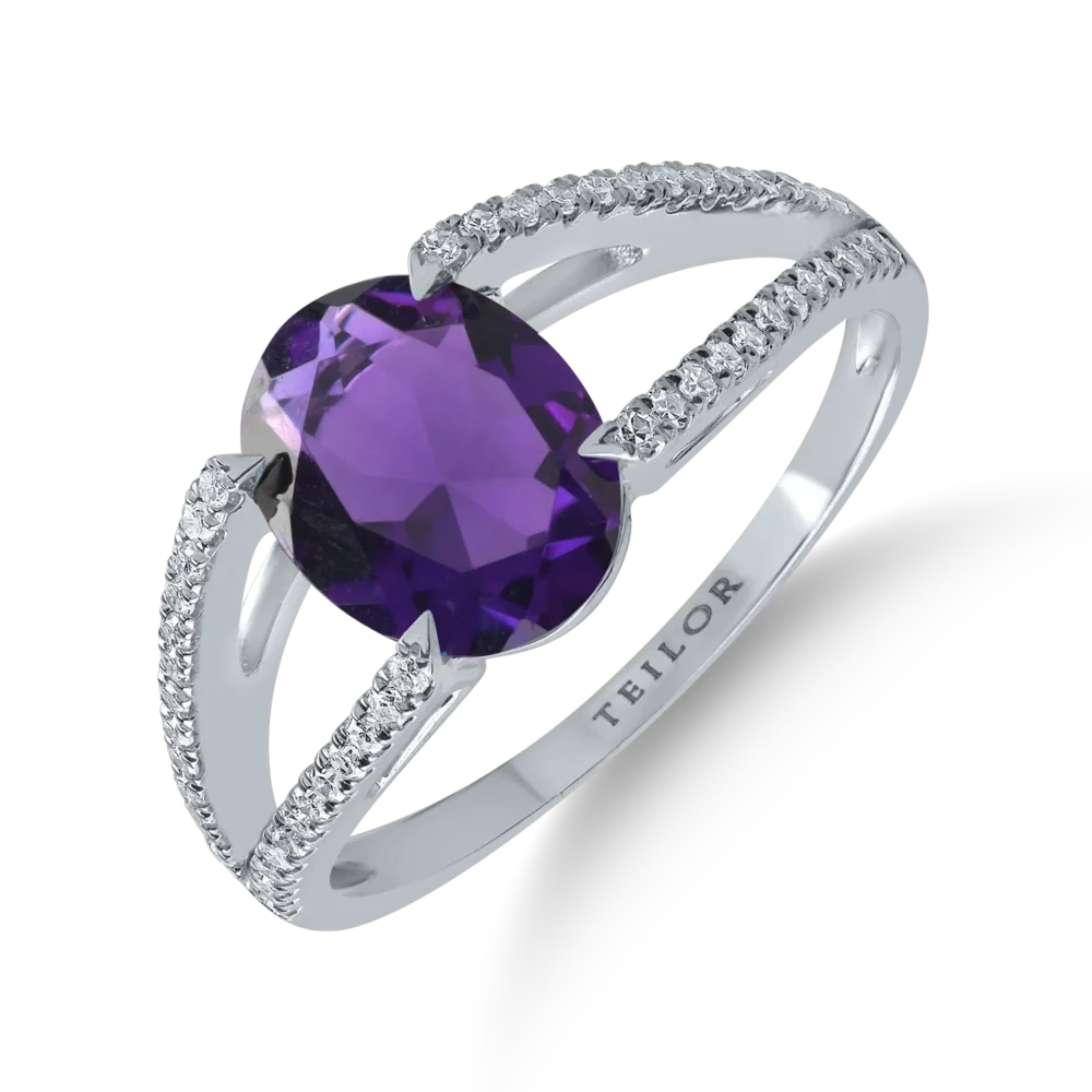 Inel din aur alb cu ametist oval de 1.3ct si diamante de 0.2ct