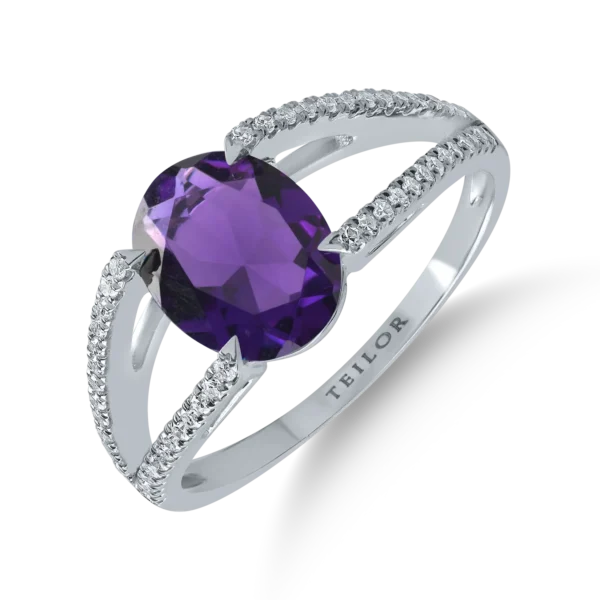 Inel din aur alb cu ametist oval de 1.3ct si diamante de 0.2ct