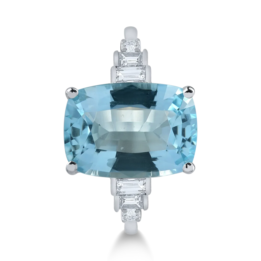 Inel din aur alb cu aquamarine rectangular de 5ct si diamante baguette si rotunde de 0.29ct - imagine 2