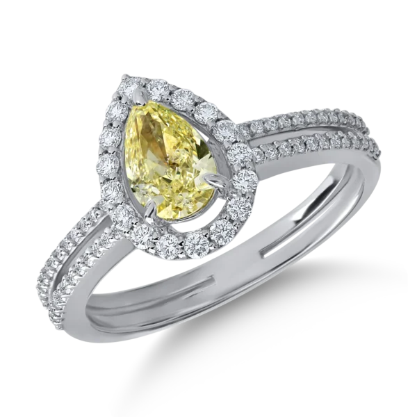 Inel din aur alb cu diamant fancy multicolor pear de 0.7ct si diamante transparente de 0.3ct