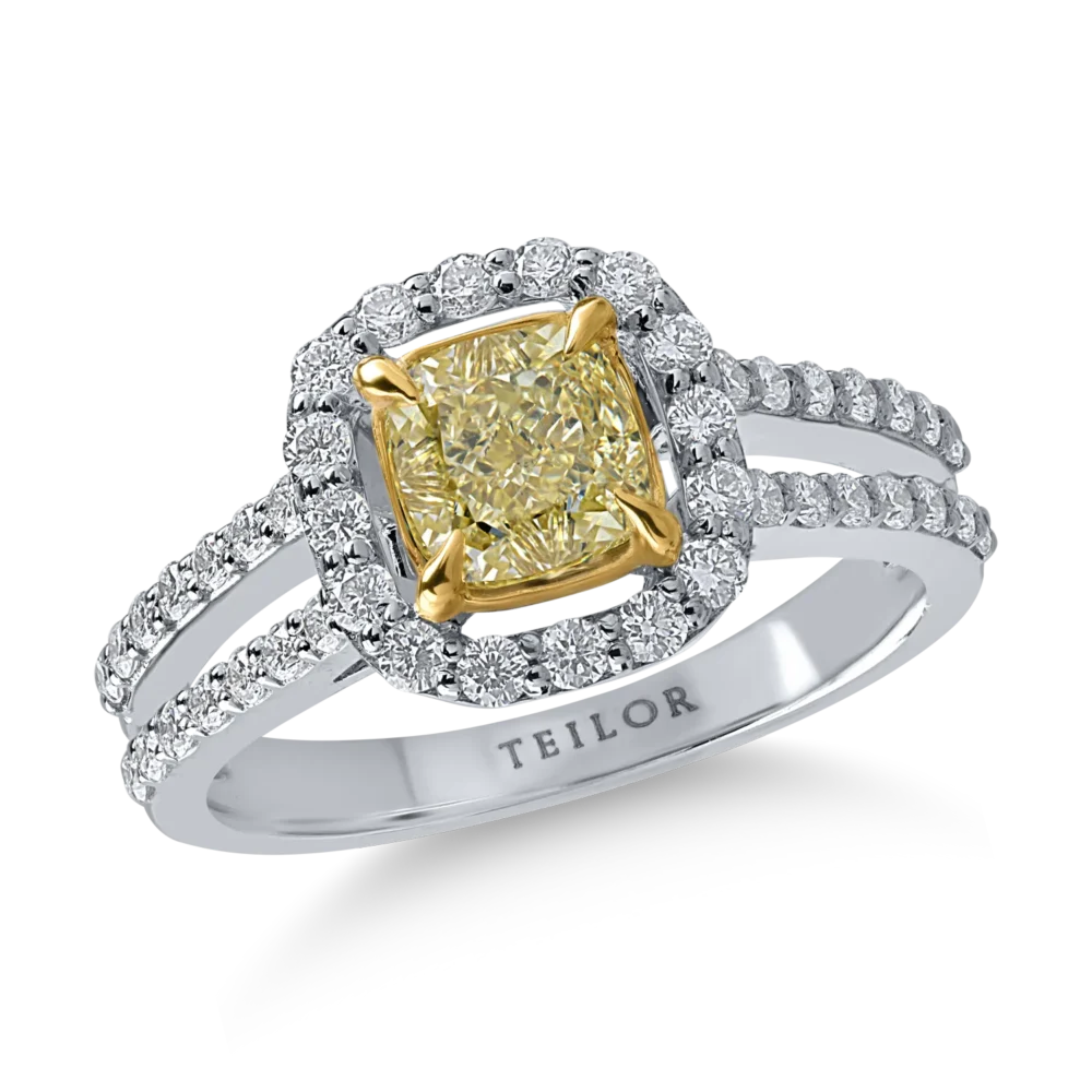 Inel din aur alb cu diamant galben cushion de 1ct si diamante transparente de 0.5ct