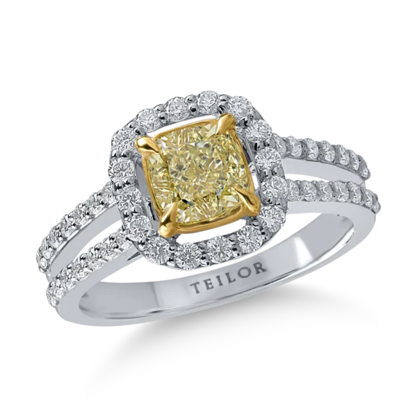 Inel din aur alb cu diamant galben cushion de 1ct si diamante transparente de 0.5ct