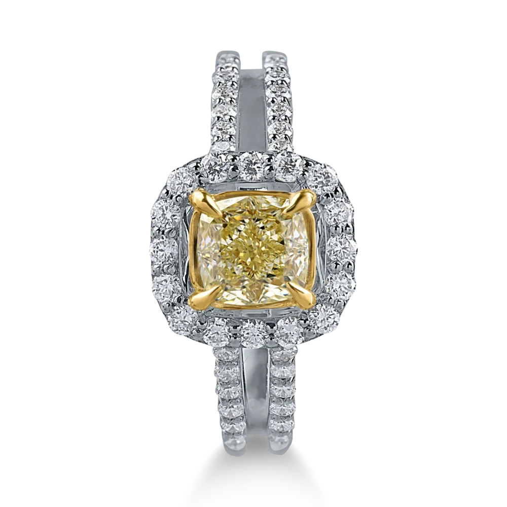 Inel din aur alb cu diamant galben cushion de 1ct si diamante transparente de 0.5ct - imagine 2