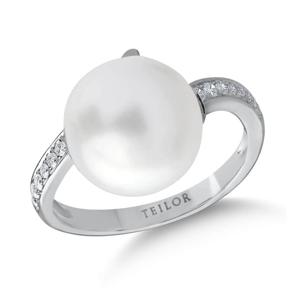 Inel din aur alb cu diamante de 0.24ct si perla de cultura