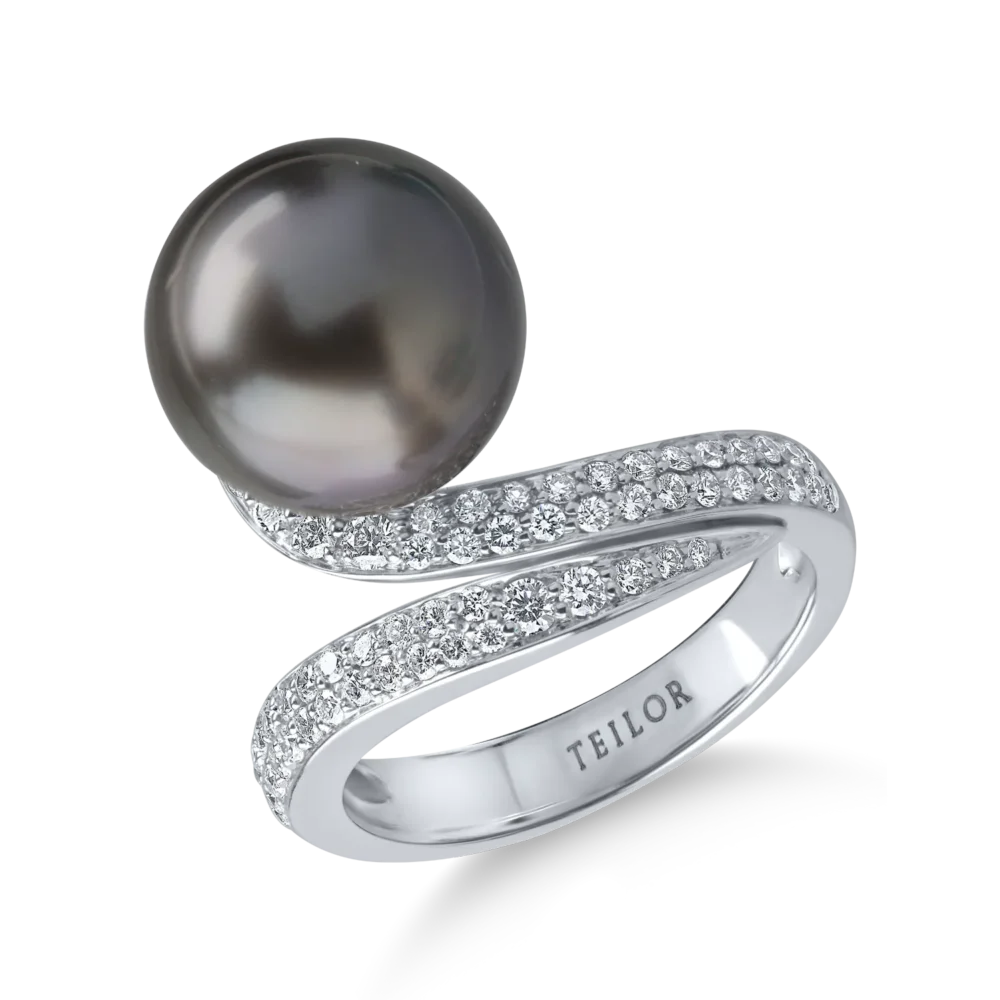 Inel din aur alb cu diamante de 0.4ct si perla de cultura